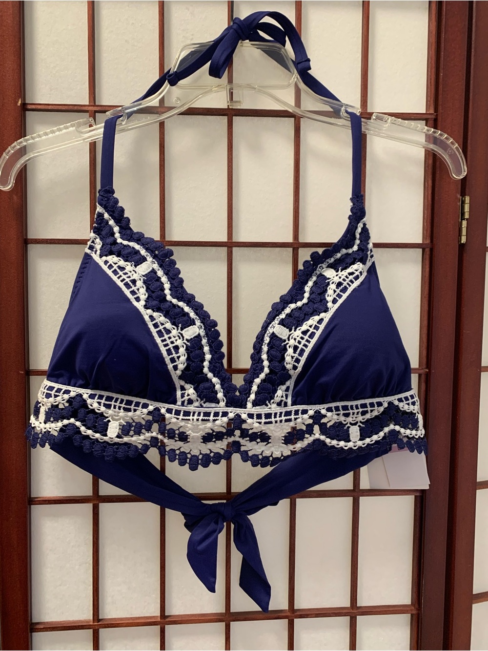 NWT BECCA Royal-Blue & White Halter Style Bikini Top-  LaceAccents Size M/D Cup
